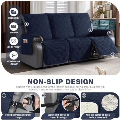 Image of TAOCOCO Waterproof Recliner Sofa Cover Non Slip for Reclining Couch 3 Seat | 100% Waterproof & Washable Split Couch Cover for Dogs & Pets, 3-Piece Recliner Chair Covers with Straps & Pockets, Dark Blue