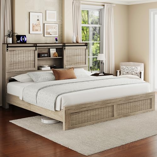 King Size Bed Frame with Storage Headboard, Sliding Barn Door, Wood Platform Bed with Reading Light and Charging Station, Wood Slats Support, Easy Assembly, Noise-Free, Light Rustic Oak Ligh