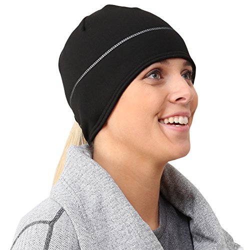 TrailHeads Women’s Winter Ponytail Beanie | Performance Running Hat | Reflective Power Beanie - Black/Silver