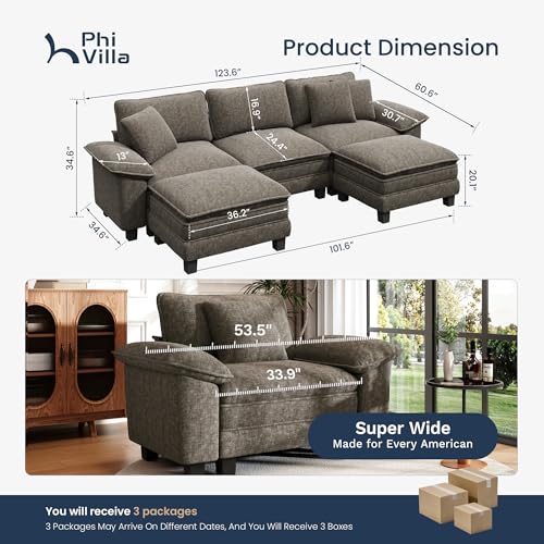 Image of PHI VILLA Cloud Modular Couch Sets, 123.6 inch Oversized Sectional Sofa with U-Shaped Chaise, 5-Seater Couches with 2 Movable Ottomans for Living Room, Chenille Smoky Grey