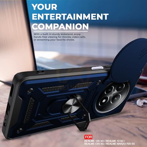 Image of Armor Bumper Back Cover Case for Realme 12 / 12X / C65 / Narzo 70X 5G Rotating Camera Cover, Ring Holder & Kickstand | Heavy Duty & 360 Degree Protection Back Cover (Blue)