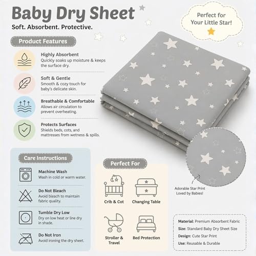 Image of Zikku Printed Dry Sheets for Baby Medium Size Soft |Comfortable |Extra Absorbency|Fast Dry (100x70 cm, Grey, Star Print)