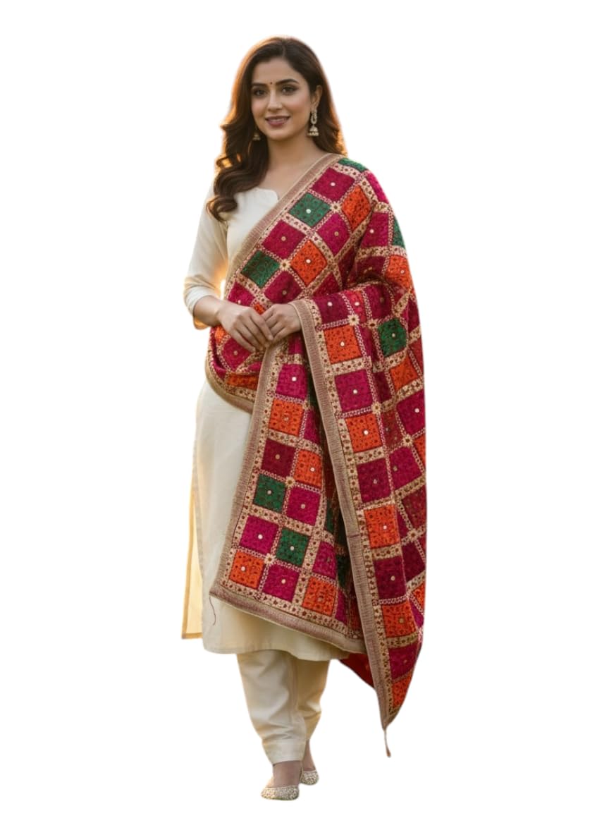 Traditional Punjabi Phulkari Dupatta, Multicolour Embroidered, Mirror Work, Rakshabandhan Special-picture-45