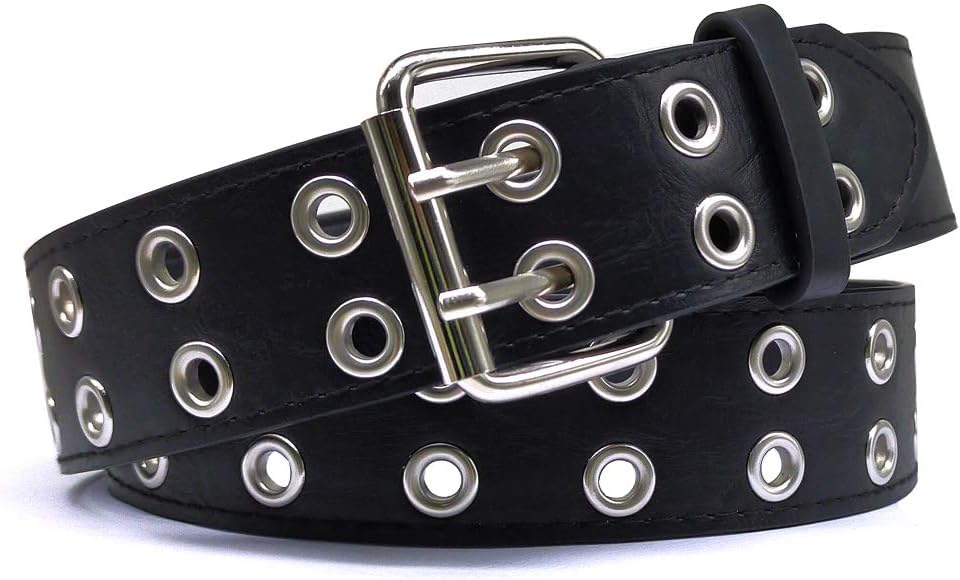 Double Grommet Punk Leather Belt, Genuine Leather belts, Unisex 2 Hole Fashion Jeans Belt