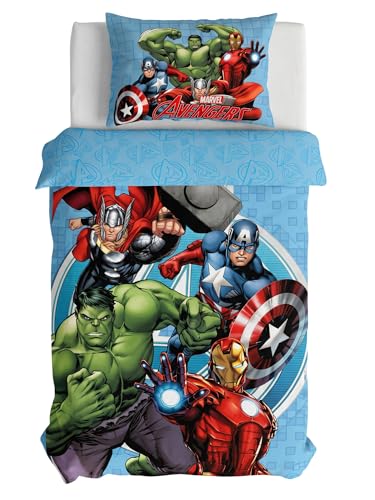 Marvel Avengers Parure de lit Enfant | Housse de Couette 140x200 cm + taie d’Oreiller 50x70 cm, 100% Coton | Parure Douce et Respirante pour Enfants | Design...