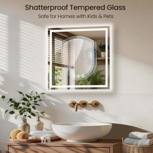 Image of 30x30 LED Bathroom Mirror with Anti-Fog, Backlit & Front Lit, Memory | Stepless Dimmable 3 Color CRI 95+ Shatterproof Tempered Glass ETL Listed for Safety Lighted Bathroom Vanity Mirror for Wall