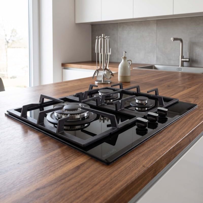 BELDEKO Plaque de cuisson Gaz 3 Feux 60 cm Verre Noir - Grilles Fonte - Marque Française
