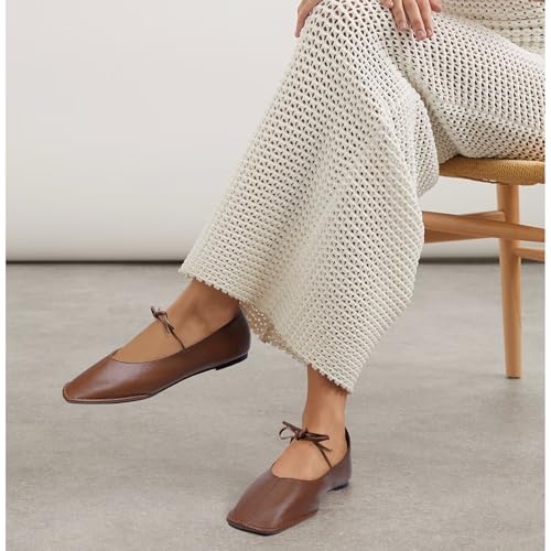 Image of Ballet Flats for Women Lace Up Bow Square Toe Mary Janes Cute Ballerina Shoes Slip On Comfortable Elegant Dress Shoes