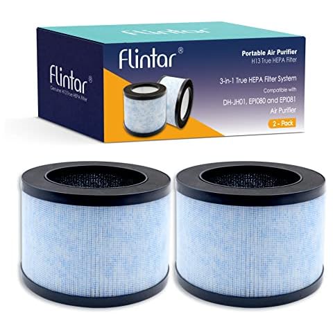Flintar True HEPA Replacement Filter, Compatible with AROEVE MK01 MK06 and Kloudi Air Purifier DH-JH01, TZ-K1, Intelabe EPI080, and Elechomes EPI081, H13 Premium True HEPA Filter, 2-Pack Cover