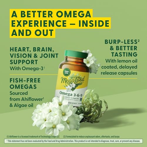 megafood vegan omega 3 6 9 - burp-less supplement - 600 mg plant-based omega-3 amp 150 mg dha per serving - heart brain vision amp joint support