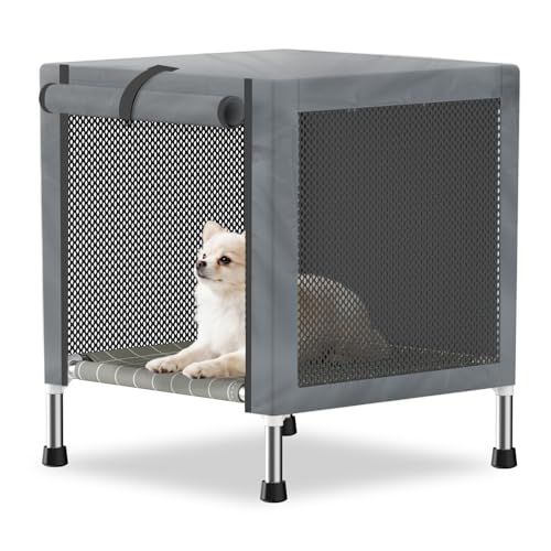Small Elevated Dog Crate with Removable Cover, Stainless Steel Dog Kennel | 2-in-1 Indoor Outdoor Pet House, Soft Cotton Fabric, Silicone Non-Slip Feet, Tool-Free Assembly, Rust-Proof Frame, Small