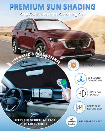 Image of Windshield Sun Shade for 2024 2025 2026 Mazda CX-90 CX90 PHEV, Custom-Fit CX90 Sun Visor Protector, 99% UV Block Heat Sun Shield, Silver Reflective Front Window Sunshade