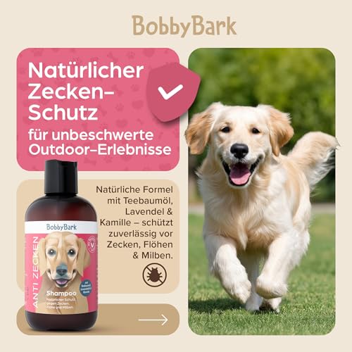 Bobby Bark Hundeshampoo Anti-Zecken – Natürlicher Schutz gegen Zecken, Flöhe & Milben mit Teebaumöl, Lavendelöl & Kamille – Mild & Hautfreundlich – pH-neutral, Vegan, Pflegend