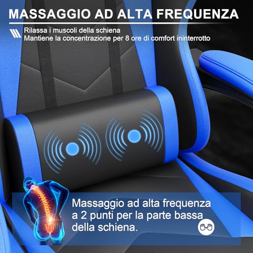 Devoko Sedia da Gaming Massaggiante con Poggiapiedi Telescopico, Sedia Gamer con Cuscino Lombare Massaggio & Poggiatesta, Ergonomico Sedie da Ufficio Schienale Regolabile 90-135°, Portata 150kg(Blu) - Immagine 3