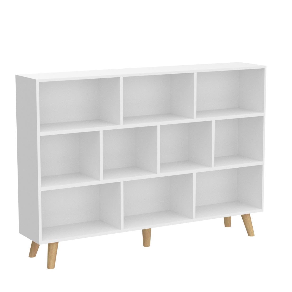 Estantería de madera con espacios abiertos, 3 niveles, con patas, 10 cubos, color blanco cálido 4
