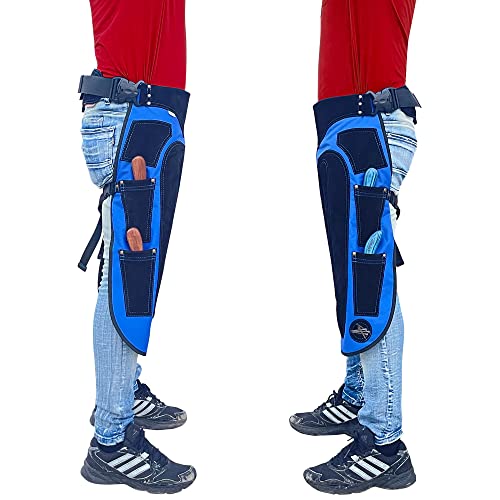 Image of Farrier apron chaps Rekhi 27 inch 1000D Cordura & Suede Leather, Blue, 4 Knife Pockets, Nail Magnet, 70cm Shoeing Chaps for Men