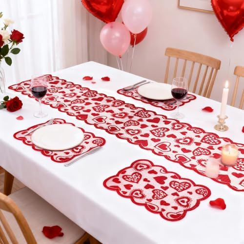 Amazon.com: Ngdhkd 5 Pcs Valentines Day Red Heart Lace Table Runner and ...