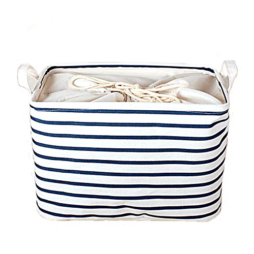 Doolland Classic - Bolsa de almacenamiento de rayas multifuncional con cajón organizador de lino y cubo ideal para ropa y juguetes, azul, 38*26*26cm