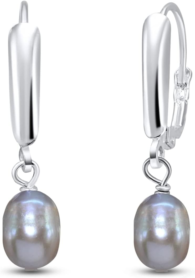 Sterling Silver Baroque White Cultured Freshwater Pearl Leverback Dangle Earrings for Women