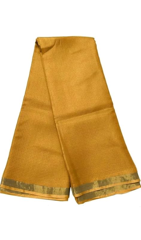INDIA SILK P.W.C.S LTD Women's Kota Doriya Art Silk Steple Mini Self Check Saree Plane Gold Zari Border With Running Blouse