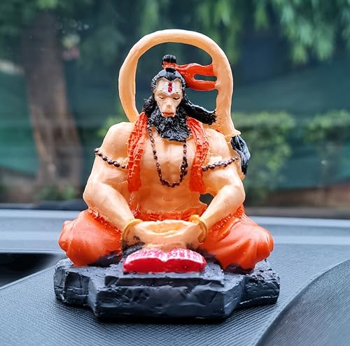 Image of RIANZ Divine Lord Hanuman ji God Idol for Car Dashboard, Office Desk & Home Temple | Bajrangbali Meditative Pose | 8.5cm Height - Handcrafted Spiritual Gift for Devotees (Multi Color - Meditating)