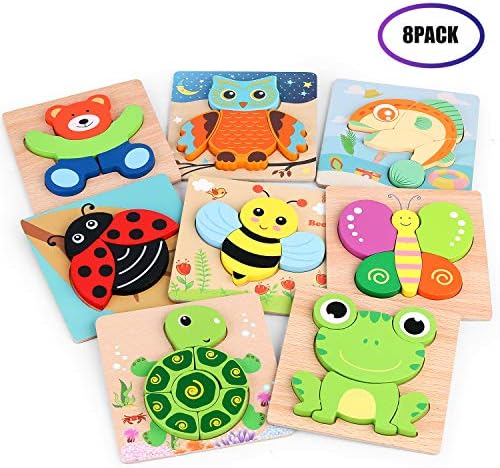 VSATEN Wooden Puzzles for Toddlers Age 3-8 Years Old, 8 Pack Early Educational Wooden Animal Jigsaw Puzzles Toys for Kids Boys Girls Birthday Gifts