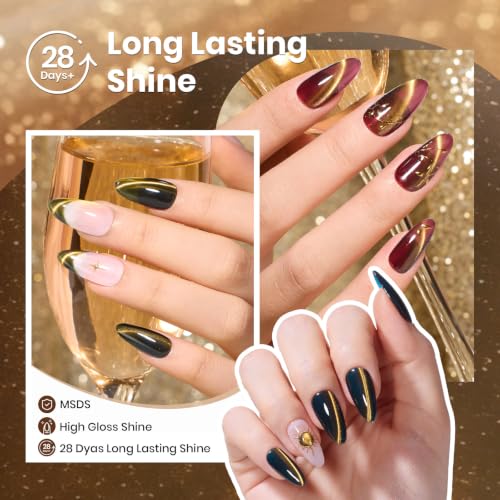 Image of Beetles Cat Eye Gel Nail Polish Set - Golden Meteor 6 Colors Jelly Red Green Brown Blue Silver Cat Eye Glitter Gel Nail Kit Gold Powder Magnetic Soak Off UV Salon DIY Manicure Gift for Women