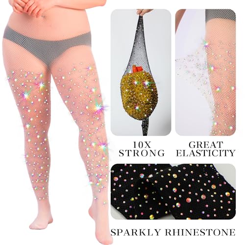 Image of HONENNA Queen Plus Size 10X Strong Rhinestone Fishnet Stockings, Ultra Sparkly High Waist Tights for Women, Party Concert