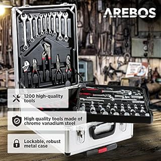 Arebos Valigetta portautensili in alluminio completa | Set di utensili 1200 pezzi | Valigetta con rotelle | Cassetta portautensili con 4 scomparti e maniglia telescopica | Argento