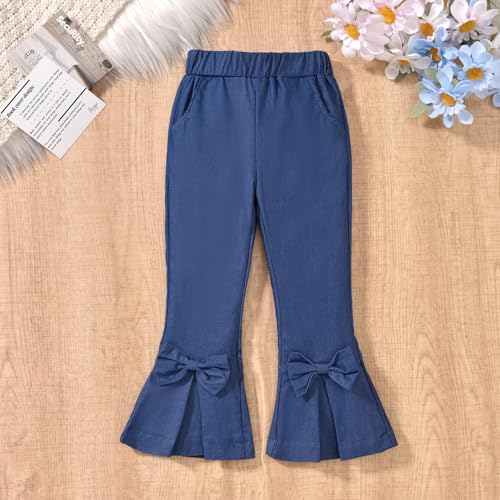 Image of HINTINA Toddler Little Girl Fall Winter Clothes Knitted Sweatsuit Denims Bell Bottom Flared Pants Set