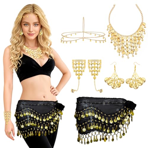 Baisdan 5 Pièces Ensemble de Bijoux pour Danse du Ventre avec Ceinture Danse Orientale à Pièces Dorées, Chaîne Frontale, Collier, Boucles d‘Oreilles et...
