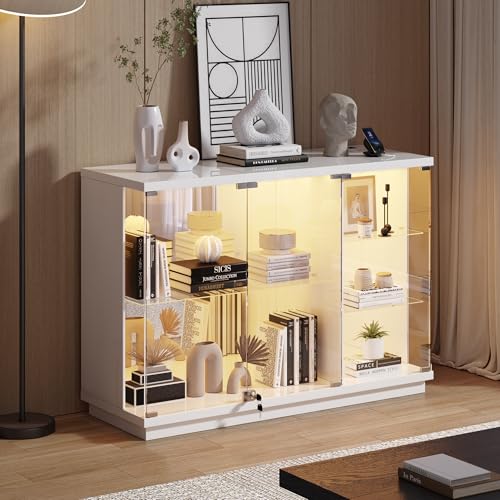 Lvifur Glass Display Cabinet with Lock & LED Light, High Gloss Sideboard with Human Body Sensor & Glass Shelves for Toys, Books, Collectibles, Liquor, Bookcase for Living Room, Kitchen, Study, White