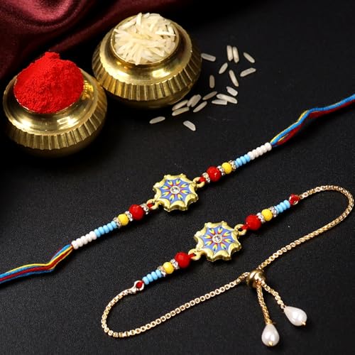 Image of Oblivion Rakhi Set for Brother and Bhabhi - Peacock with Feather Gift for Bhai & Lumba for Bhabhi with Silver Colour Coin and Greeting Card - Raksha Bandhan Combo