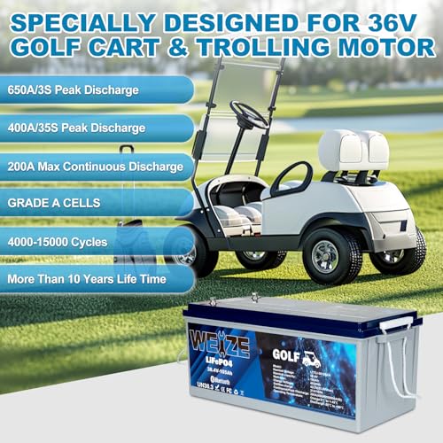 Image of WEIZE 36V(38.4V) 105AH Golf Cart Bluetooth LiFePO4 Battery (Replace 6x6V GC2) with 25A Lithium Batteries Charger, LCD Display, Grade A Cells, 200A BMS, Low-Temp Protection for Golf Carts, FCC listed
