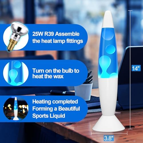 White Base 14'' Magma Liquid Motion Lamp with Blue Liquid and White Wax for Adults Kids Night Light Lamp Decoration for Living-Room Bedroom Christmas Thanksgiving Day (2 Bulbs Included).