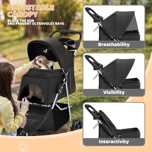 Image of Magshion 3-Wheel Pet Stroller, Foldable Travel Jogger for Small & Medium Dogs & Cats (Up to 33lbs), Lightweight Carrier with Breathable Mesh Cover, Cup Holder & Storage Basket, Black