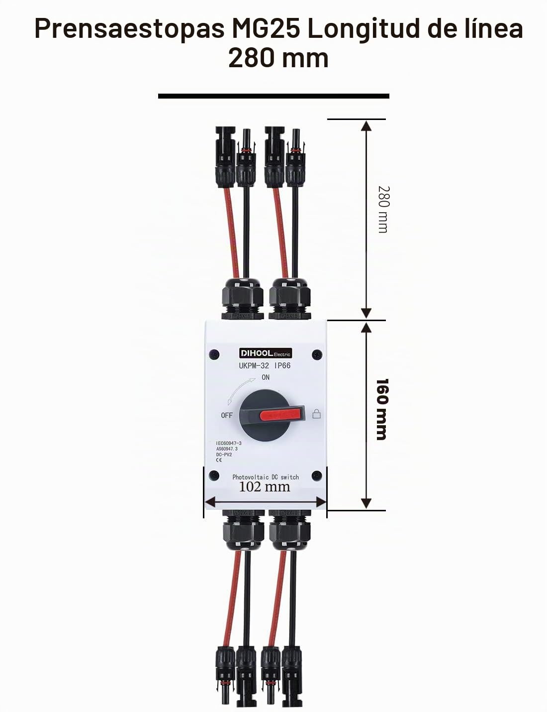 DIHOOL Interruptor de separación CC 2 cuerdas, sistema PV con caja de conexión generador, máquina de fusibles automática 32 A, IP66, interruptor solar, caja de conexiones