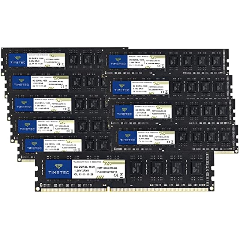 Timetec 80GB KIT(10x8GB) DDR3L / DDR3 1600MHz (DDR3L-1600) PC3L-12800 / PC3-12800 Non-ECC Unbuffered 1.35V/1.5V CL11 2Rx8 Dual Rank 240 Pin UDIMM Desktop PC Computer Memory RAM(SDRAM) Module Upgrad...
