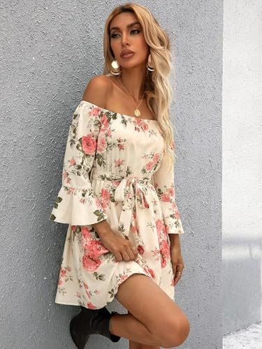 Image of Off Shoulder Ruffle Dress for Women, A-Line Mini Dress with Belt, Fitted Bust Summer Wedding Guest Dress
