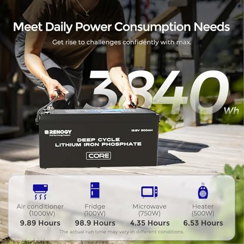 Image of Renogy 12V Lithium Battery 300Ah Self Heating LiFePO4 Battery, 5000+ Deep Cycles 200A BMS IP65 Waterproof Marine Battery for Solar System, RV, Marine, Solar, Trolling Motor, Home Backup Power 3 Pack