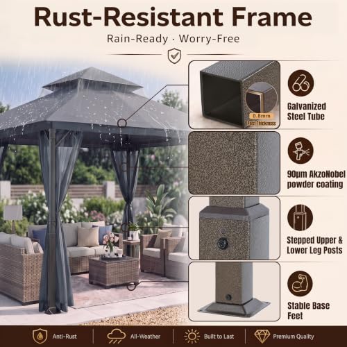 Image of MASTERCANOPY 9x9 ft Stable Patio Gazebo with Netting Walls, Dark Gray