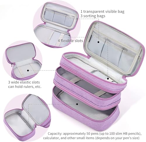 Image of Large Capacity Canvas Pencil Case With 3 Compartments - Light Purple | Portable Canvas Stationery Organizer With Double Zippers, Simple for College, School, Office, Girl, Boy, Men, Women, Adult