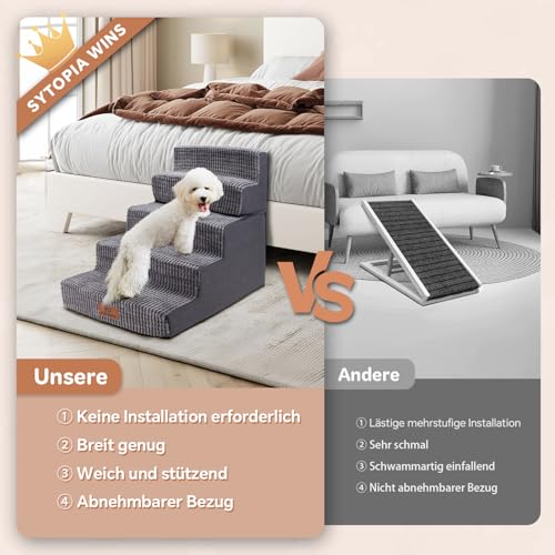 Sytopia Hundetreppe Große Hunde 5 Stufen Hoch, Hundetreppe für Bett 60cm, Haustiertreppe waschbar, hochdichter Schaumstoff, für verletzte ältere Hunde (57cm Höhe, Grau)