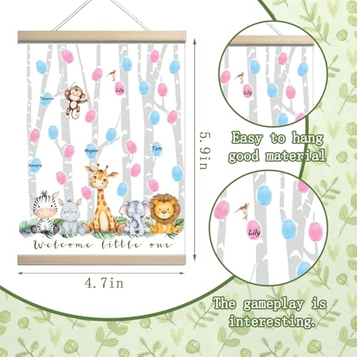Image of QZCYU Gender Reveal Decorations Fingerprint Tree with Woodland Safari Animals, Gender Reveal Games Canvas Hanging Paintings Decor, Baby Shower Ideas