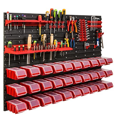 Lagersystem Werkstattregal | 117 x 78 cm | NPKL Wandregal mit Stapelboxen - Wandplatten Extra Starke Schüttenregal Warkzeuglochwand Lagerregal Garage Regal (3)