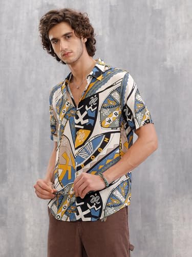 Image of WROGN Men's Shirt | Multicolor Abstract Geometric Print | Slim Fit