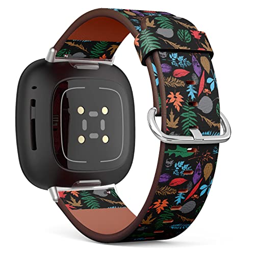 CJBROES Replacement Leather Watch Band, Compatible with Fitbit Versa 3 and Fitbit Sense of Wristband Bracelet Accessory - Multicolor Autumn Leaf Silhouettes Seasonal
