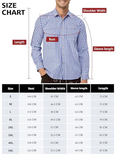 Trachtenhemd Herren Kurzarm Blau Oktoberfest Kariert Langarm Trachten Hemd Freizeithemd Karohemd Baumwolle Slim fit M