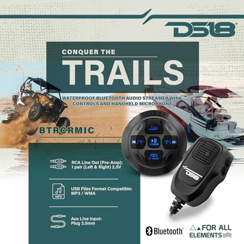 Image of DS18 BTRCRMIC Wireless Bluetooth Audio Controller, Waterproof Marine Receiver Remote Control w /USB Bluetooth RCA - CB Radio Style Microphone with Audio Controls - iOS /Android Compatible