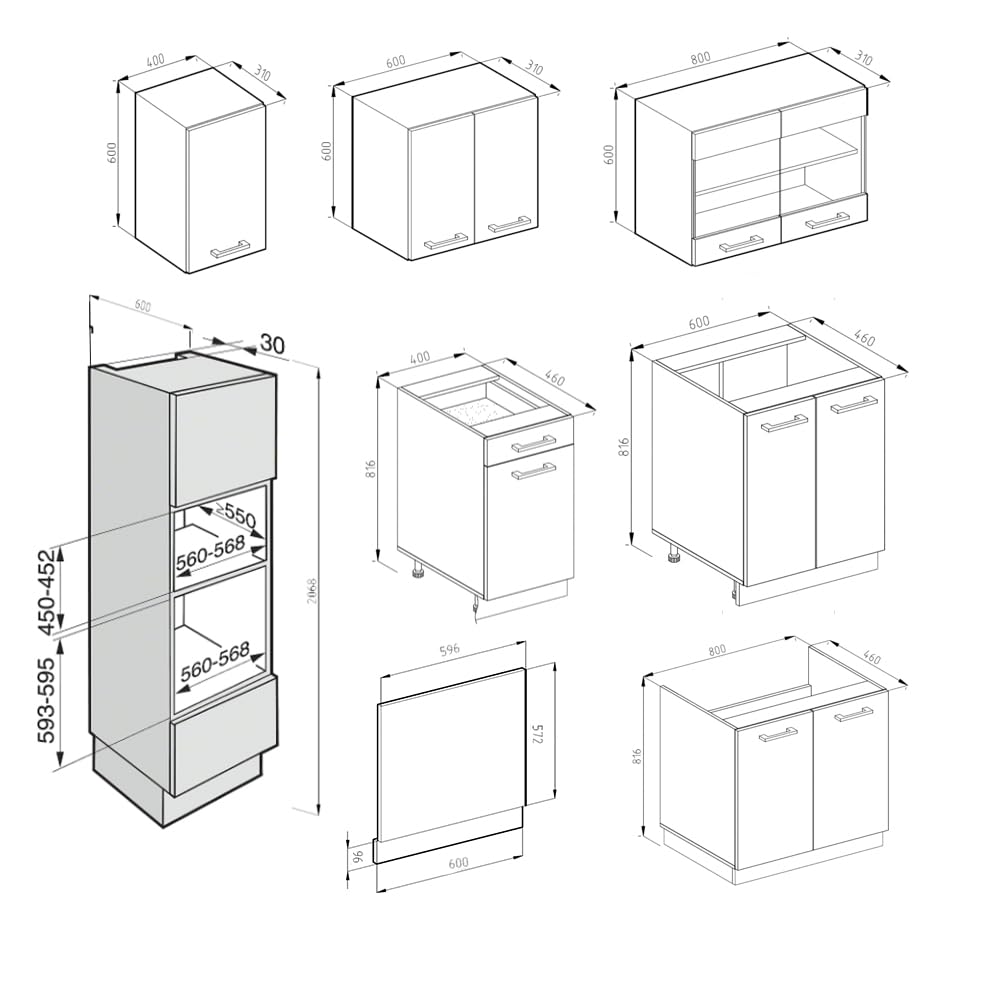 Vicco Küchenzeile R-Line, Anthrazit Hochglanz, 300 cm mit Hochschrank, ohne Arbeitsplatte, mit variabel anordenbaren Modulen und höhenverstellbaren Füßen